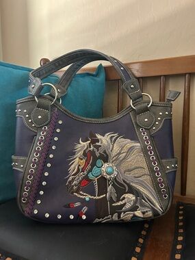 Purple Embroidered Horse Shoulder Bag with Stud & Concho Accent